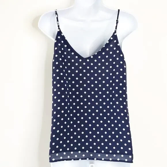 Sophie Rue Med Tank Top Spaghetti Strap Polka Dot Blue Covered Buttons Adj Strap - Picture 2 of 4